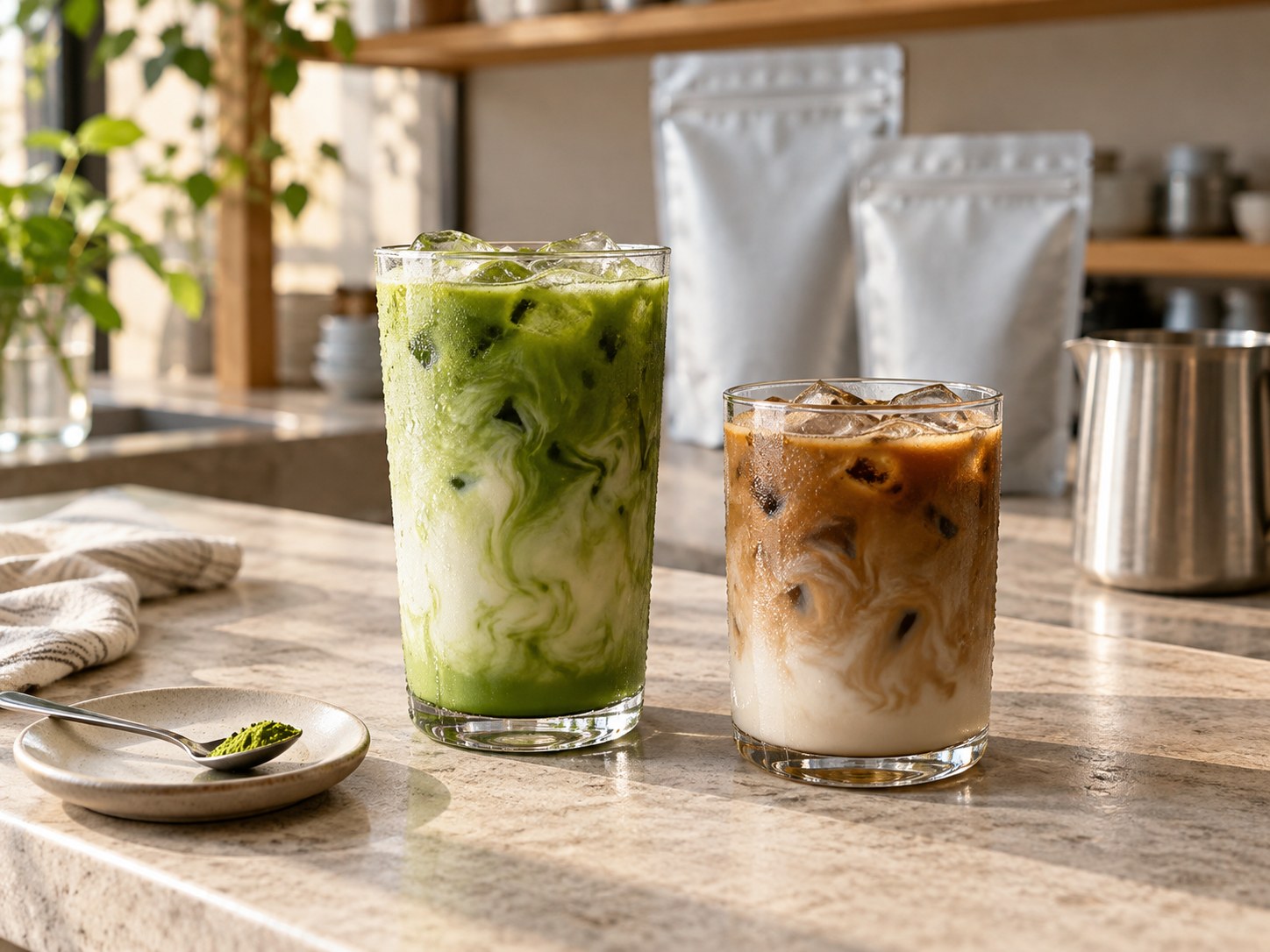 Concept image of iced matcha and hojicha lattes with plain ingredient pouches on a cafe counter