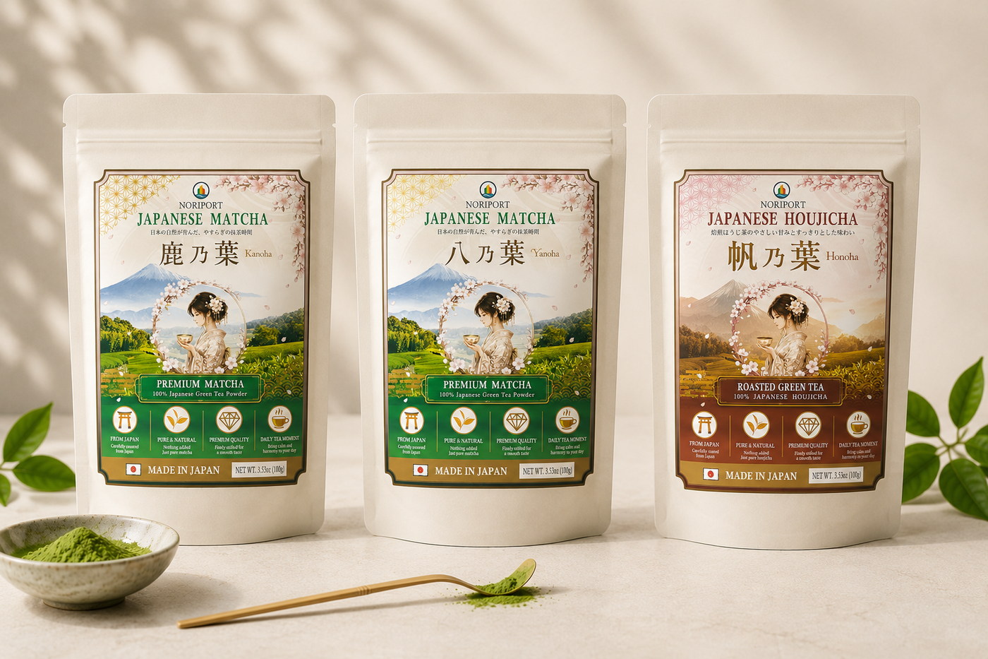 KANOHA, YANOHA and HONOHA Japanese tea package presentation
